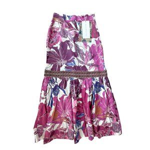 Isla & White Jolie Linen Cotton Blend Purple Floral Midi Skirt XS